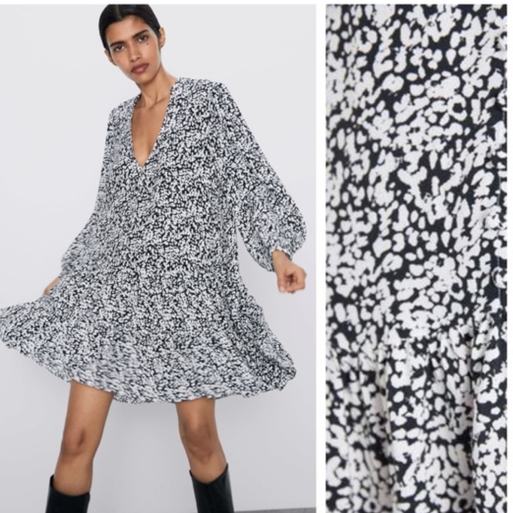 Zara black and white long sleeve midi dress